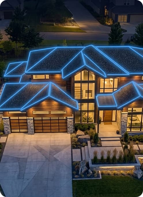 Satellite view of a residential roof with AI-measured dimensions highlighted in blue